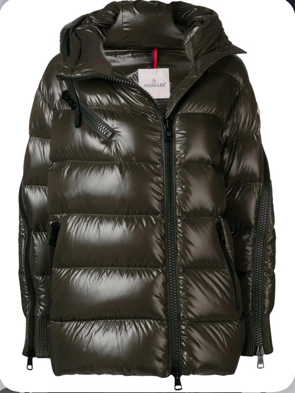 Moncler Women's Shiny Olive Green Down Puffer Jacket W/ Hood & Zip Sleeve Os